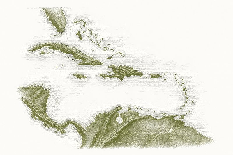Ilustración en relieve de la cuenca del Caribe, con las Antillas y la costa norte de Sudamérica.