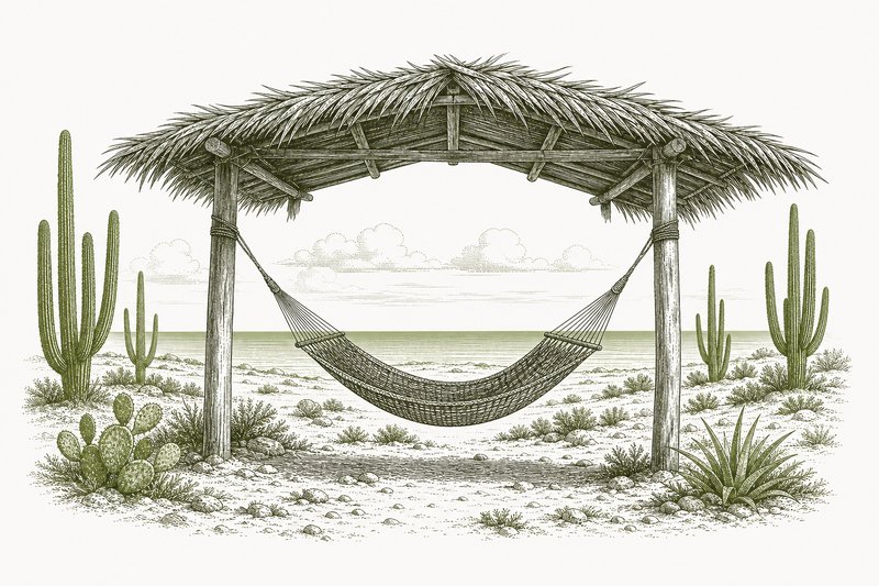 Ilustración de un chinchorro colgado bajo un techo de palma en un paisaje costero árido con cactus.