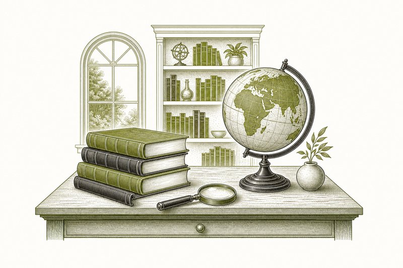 Ilustración de una mesa de lectura con libros apilados, un globo terráqueo y una lupa.