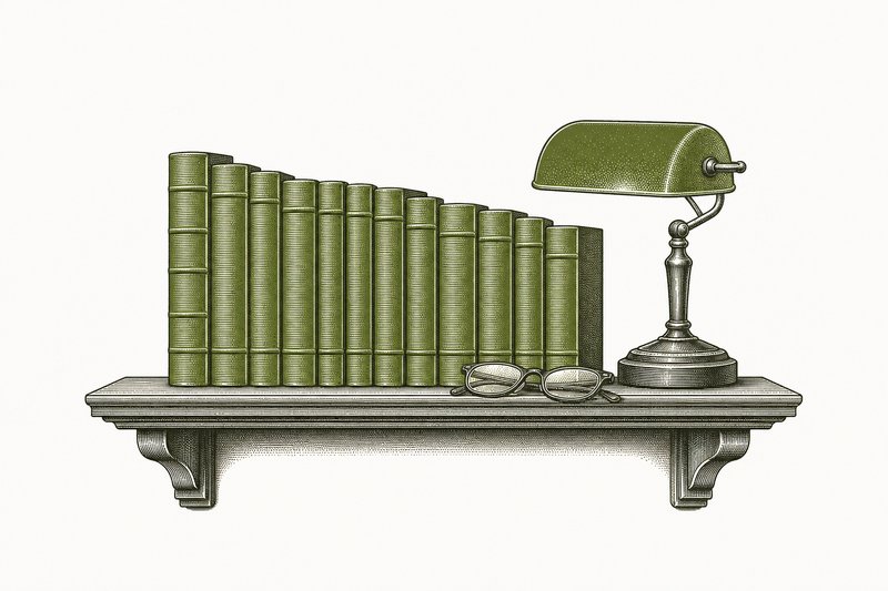 Ilustración de un estante con volúmenes encuadernados, una lámpara de lectura y unas gafas.