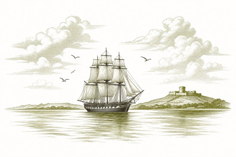Ilustración de un velero del siglo XIX en un amplio estuario con una colina y una fortaleza en la otra orilla.
