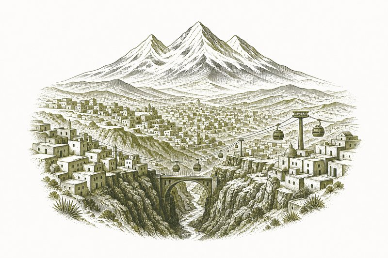 Ilustración de una ciudad del altiplano en un cañón bajo una montaña nevada, con teleféricos.
