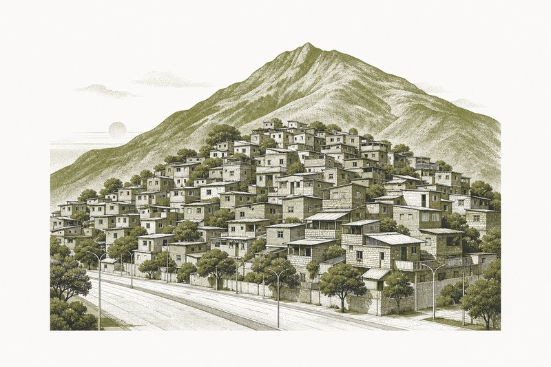 Ilustración de una ladera de casas apretadas sobre una avenida vacía al amanecer.