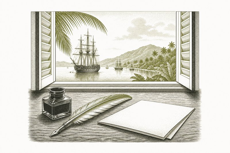 Ilustración de una pluma, un tintero y una carta doblada junto a una ventana abierta a un puerto tropical.