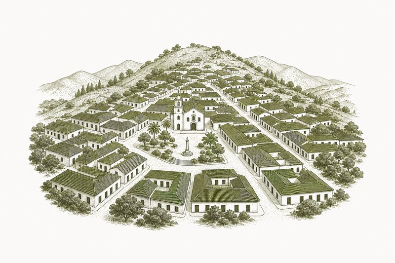 Ilustración de un pueblo de casas coloniales con tejados visto desde arriba, con la iglesia en la plaza.