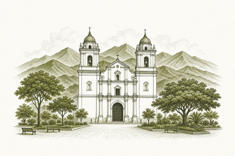Ilustración de la fachada blanca de una catedral colonial con dos campanarios frente a una plaza arbolada.