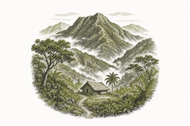 Ilustración de las montañas boscosas de la Sierra Maestra, en el oriente de Cuba, con un bohío en un claro.