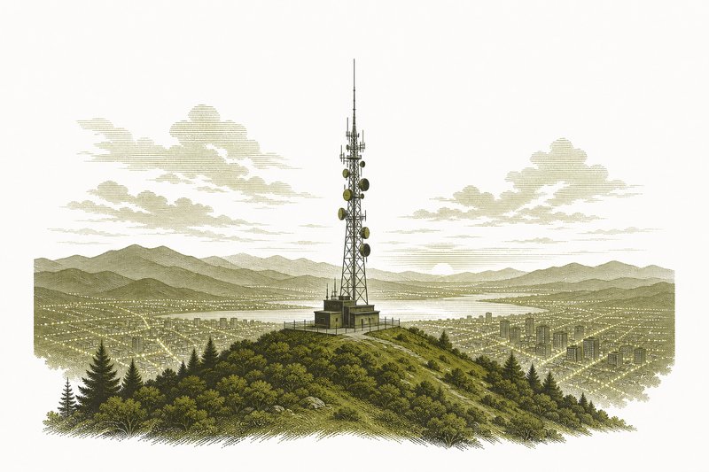 Ilustración de una torre de transmisión de televisión en una colina sobre una ciudad al atardecer.