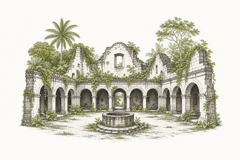 Ilustración del claustro en ruinas de un convento colonial con arcos de piedra y un pozo.