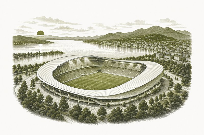 Ilustración de un estadio de fútbol con cubierta curva visto desde lo alto al atardecer, junto a una ciudad y un lago.