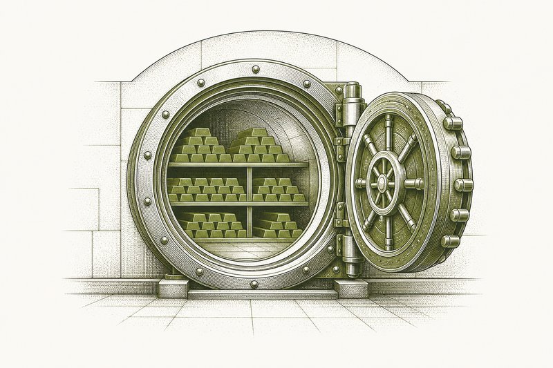 Illustrazione di un caveau bancario con la porta rotonda aperta e lingotti d’oro sugli scaffali.