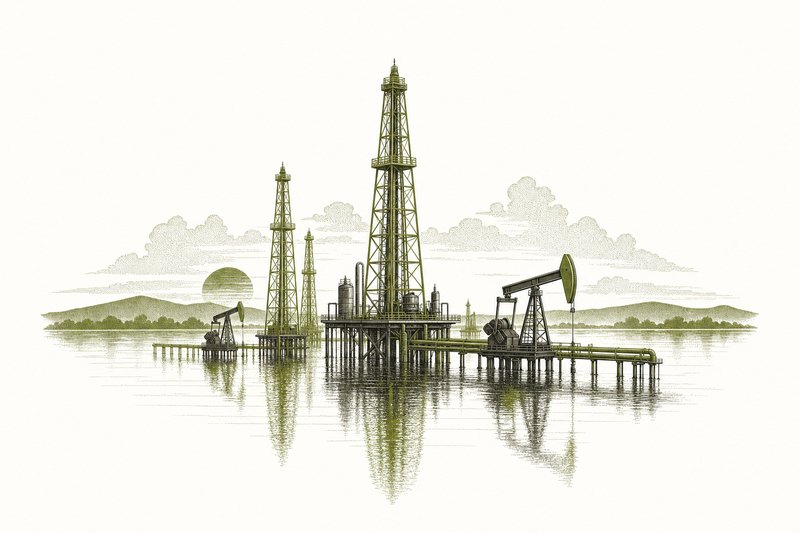 Ilustración de torres de perforación y balancines petroleros sobre un lago al atardecer.