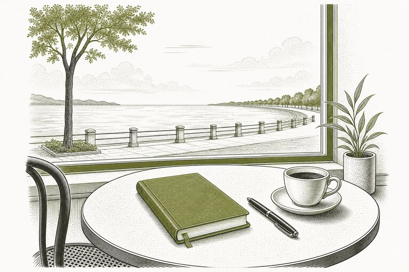 Ilustración de una mesa de café junto a una ventana con una libreta, un bolígrafo y una rambla al fondo.