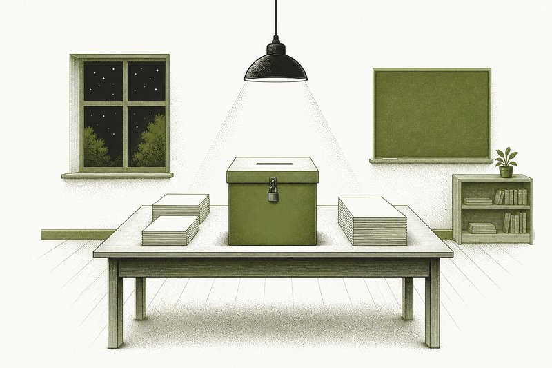 Ilustración de una mesa con una urna sellada y pilas de hojas en blanco bajo una lámpara, de noche.