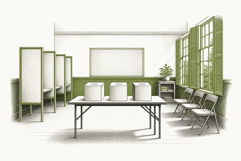Ilustración de un aula escolar preparada como centro de votación, con urnas, mesa y cabinas.