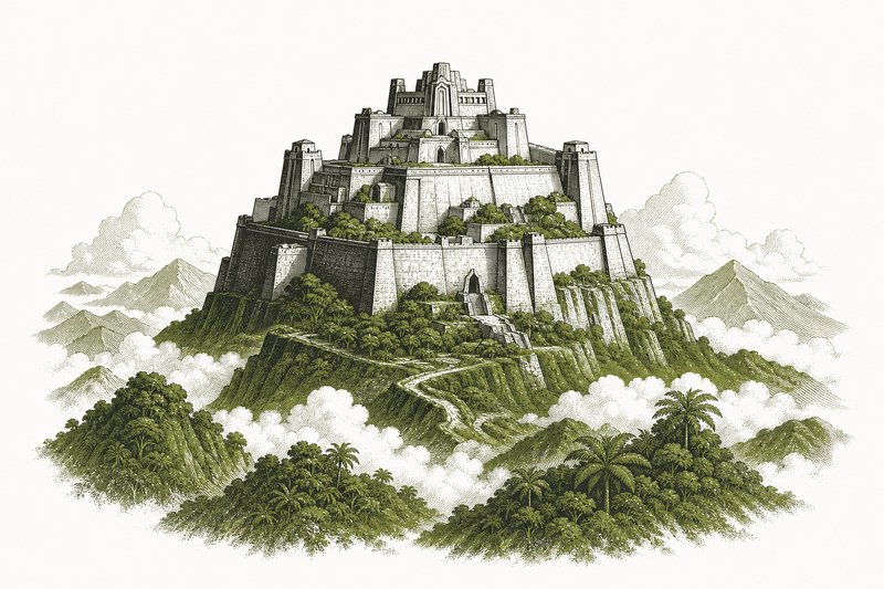 Ilustración de una gran fortaleza en la cima de una montaña sobre valles tropicales y nubes.