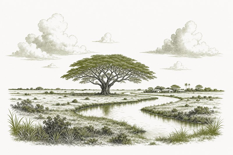 Ilustración de los llanos venezolanos con un samán solitario y un río sinuoso.