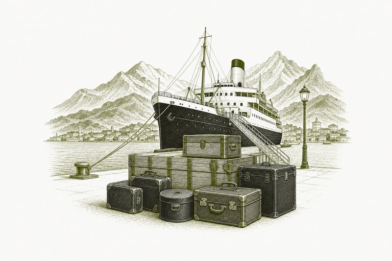 Ilustración de maletas y baúles apilados en un muelle junto a un vapor de pasajeros de los años cincuenta.
