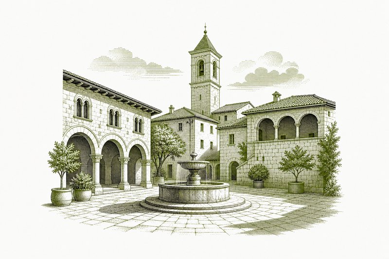 Illustrazione di una piazza italiana con portici, una fontana e un campanile.