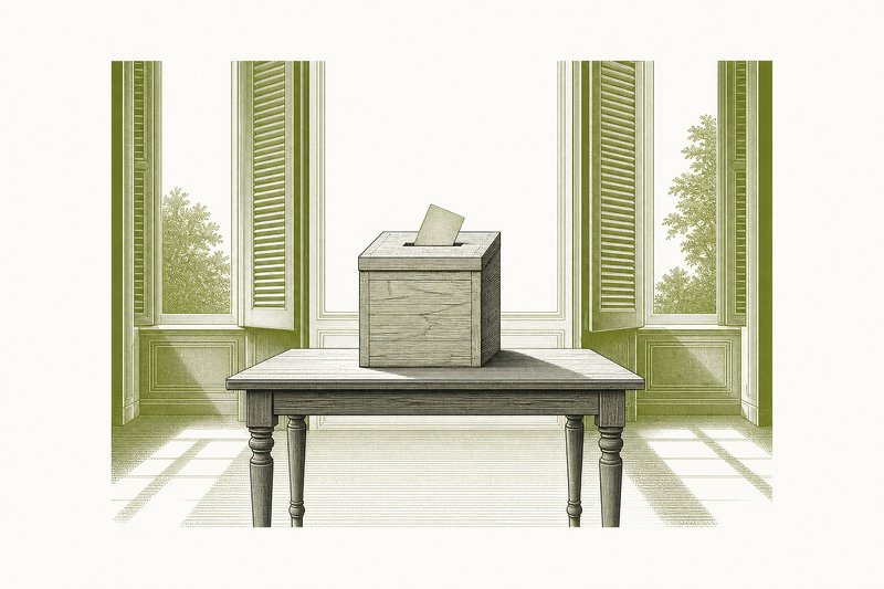 Illustrazione di un’urna di legno su un tavolo accanto a finestre con persiane.