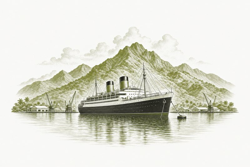 Illustrazione di un piroscafo passeggeri degli anni Cinquanta alla fonda davanti a un porto ai piedi di una catena costiera.