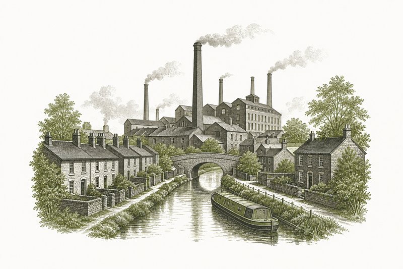 Ilustración de una ciudad industrial del siglo XIX con fábricas de ladrillo, chimeneas y casas obreras.