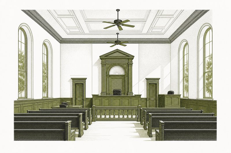 Ilustración de una sala de tribunal vacía con bancos de madera, estrado y ventanales en arco.