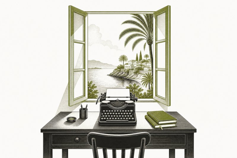 Ilustración de un escritorio con una máquina de escribir junto a una ventana abierta al mar Mediterráneo.