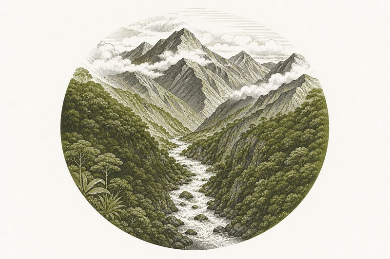 Ilustración de montañas andinas cubiertas de selva con un río en un valle profundo.
