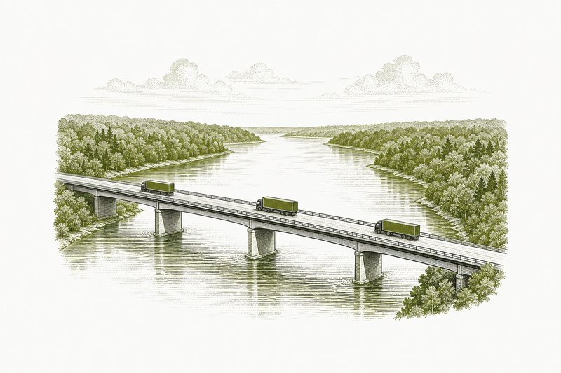 Ilustración de un puente carretero sobre un río ancho entre dos orillas boscosas.