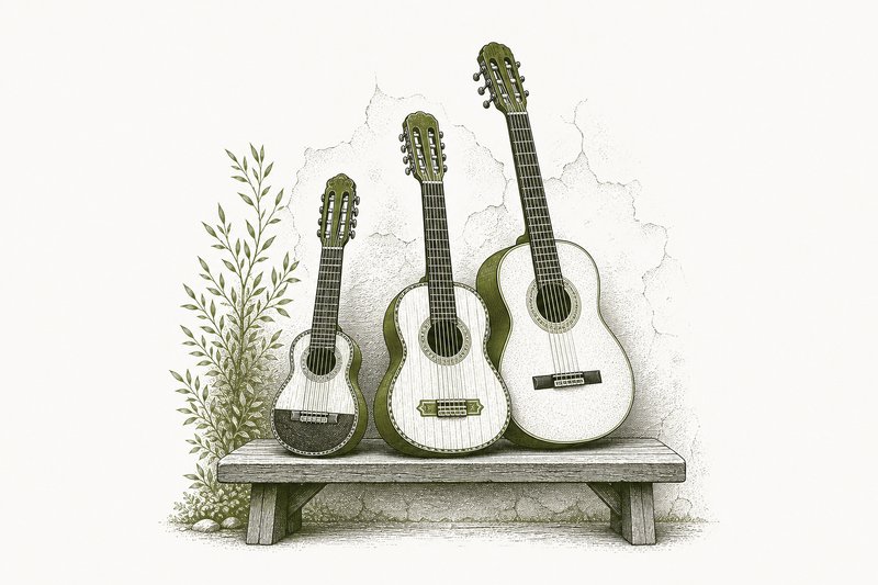 Ilustración de un charango, un cuatro y una guitarra apoyados en un banco de madera.