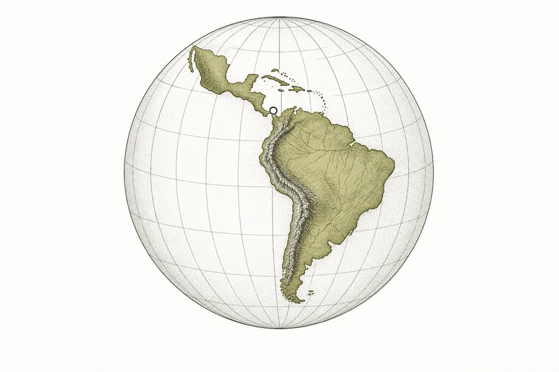 Ilustración de América Latina sobre un globo con meridianos y paralelos, con el istmo de Panamá señalado.