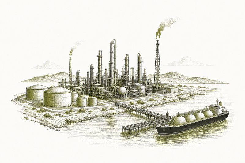 Ilustración de una refinería en una costa árida con torres, tanques y un buque en el muelle.