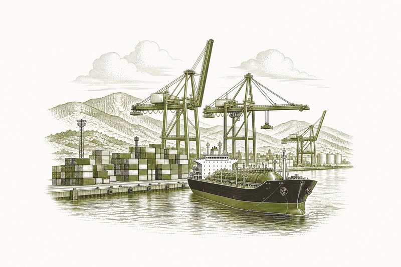 Ilustración de un puerto con grúas de contenedores y un petrolero en el muelle.