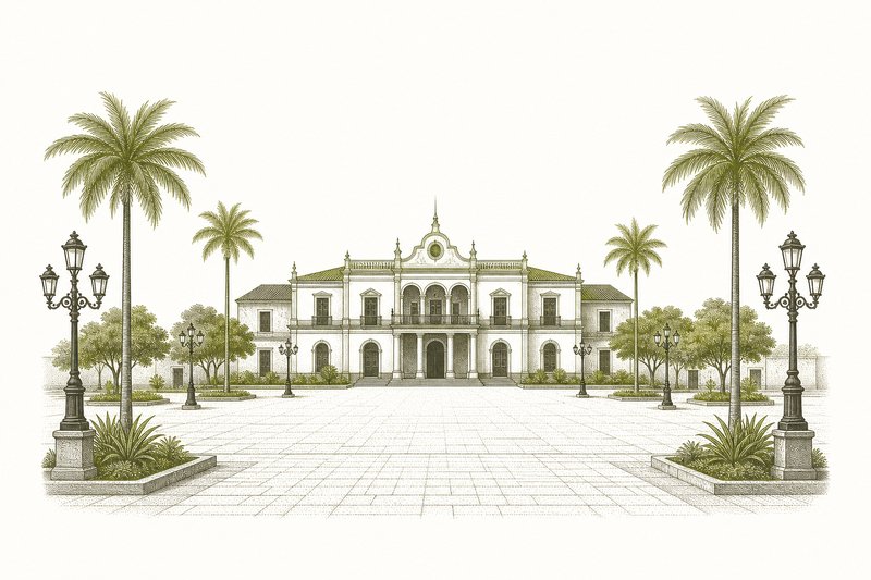 Illustrazione di una grande piazza vuota davanti a un palazzo coloniale con un balcone centrale.