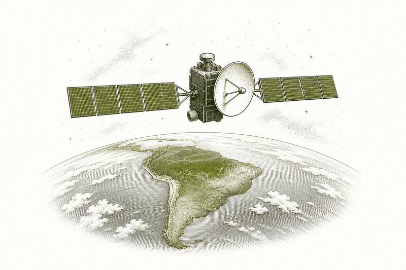 Ilustración de un satélite de comunicaciones en órbita sobre la Tierra, con Sudamérica debajo.