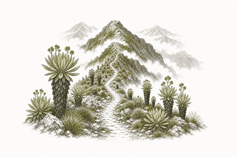 Ilustración de un páramo andino con frailejones y un sendero que sube entre la niebla.