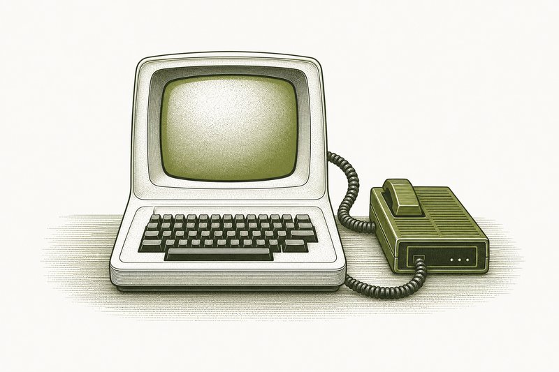 Illustrazione di un terminale di computer d’epoca con tastiera e un modem telefonico.