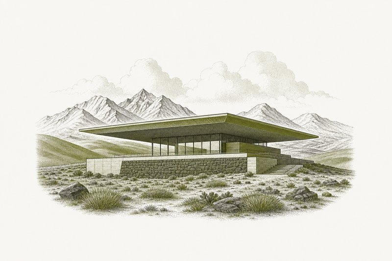 Ilustración de un edificio moderno con una gran cubierta en voladizo sobre un altiplano andino.