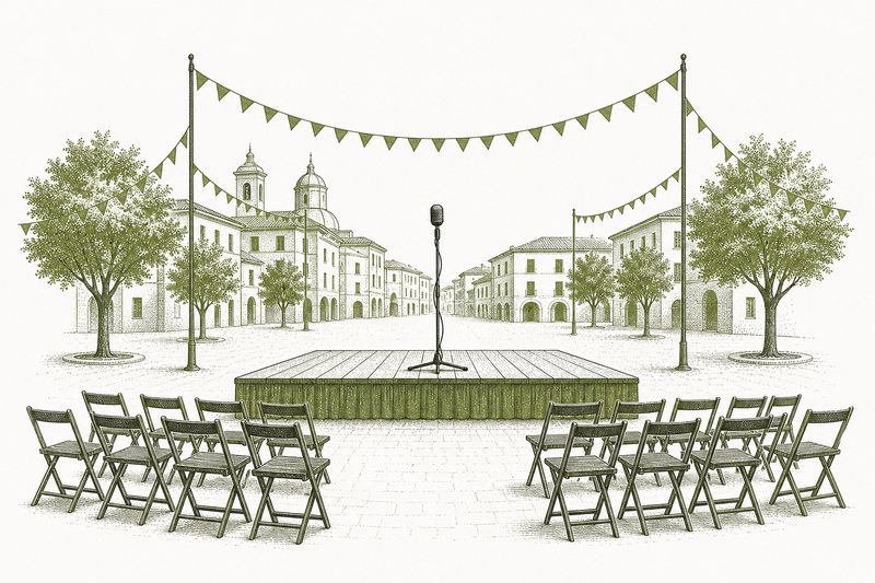 Ilustración de un escenario de mitin de los años sesenta en una plaza italiana, con micrófono y banderines.